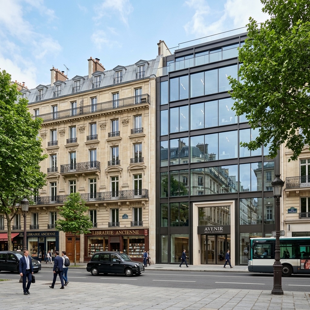 Rue parisienne avec immeuble haussmannien et bâtiment moderne, illustrant l'achat d'une résidence principale